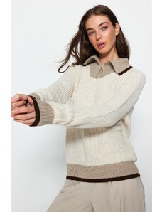 Trendyol Mink Color Block Hoodie Collar Knitwear Sweater