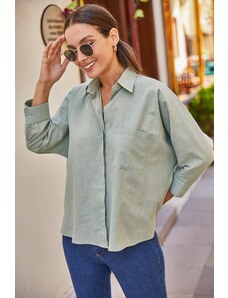 armonika Women's Mint Pocket Loose Linen Shirt