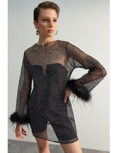 Trendyol Black Otrisch Podrobna mrežasta elegantna večerna obleka