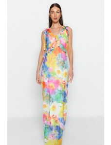 Trendyol Multi Color Straight Cut Tkani detajl Ruffle Cvetlična tkana obleka