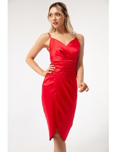 Lafaba ženska rdeča dvojna večerna obleka z razrezanim midi satenom