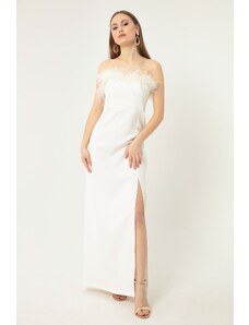 Lafaba ženska bela večerna obleka in maturantska obleka s preobrezanimi detajli