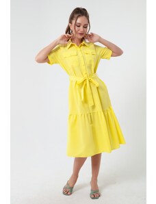 Lafaba ženski rumeni pokriti gumbi in pasovi obleke širokih velikosti