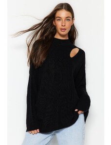 Trendyol črno široko prilegajoče se okno / izrezan pulover za pletenine