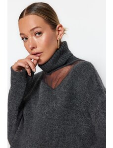 Trendyol Anthracite Soft Textured Tulle Detailed Knitwear Sweater