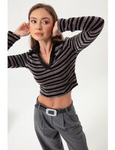 Lafaba ženski sivi črtasti pleteni pulover