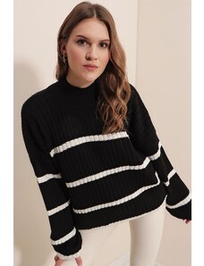 Bigdart 15804 črtasto prevelik pulover za turtleneck - črna