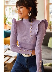 Olalook ženski lila frilled gumb podroben pas pletenine pulover
