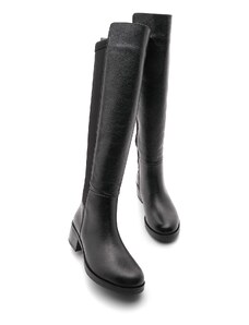 Marjin Women's Genuine Leather Daily Boots With Elastic Stretch Stretch Knee Length Forced Black.