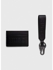 Usnjen etui za kartice in obesek za ključe HUGO črna barva