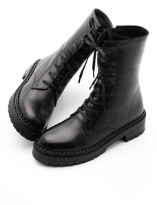 Marjin Women's Genuine Leather Boots Boots with Zipper, Lace-up Serrated Sole Daily Boots Kariva Black.