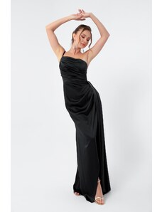Lafaba ženska črna satenska večerna obleka z eno ramo in maturantska obleka
