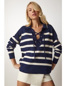 Happiness İstanbul Sreča Istanbul Ženska mornarica Modra črtasta pletenina pulover s čipko
