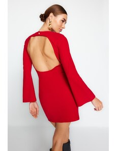 Trendyol rdeča pletena mini obleka z odprtimi španskimi rokavi