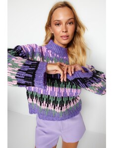 Trendyol vijolična mehka teksturirana debela stoječa pletenina pulover