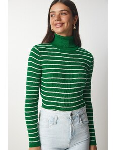 Happiness İstanbul Sreča İstanbul Ženski zeleni črtasti pulover za pletenine Turtleneck