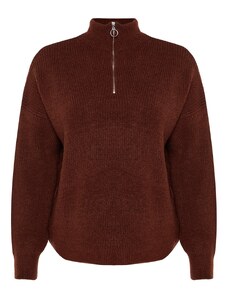 Trendyol krivulja Rjavi pulover za pletenine z zadrgo navzgor