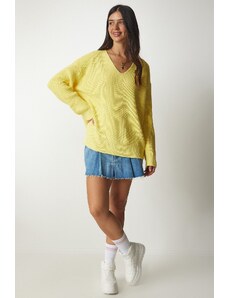 Happiness İstanbul Sreča İstanbul Ženski rumeni pulover za pletenine V-vrat prevelike velikosti