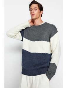 Trendyol večbarvni moški preveliki prilegajo široko prilegajoč se pulover za pletenine z vratom posadke Color Block.