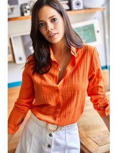 Olalook Women's Orange Jacquard-Texture Woven Shirt