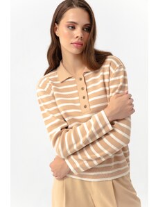 Lafaba Women's Mink Polo Neck Striped Knitwear Sweater