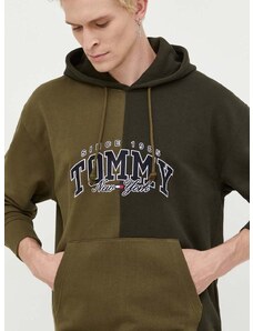Bombažen pulover Tommy Jeans moška, zelena barva, s kapuco