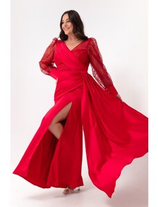 Lafaba ženska rdeča V-vrat plus velikost dolga večerna obleka z režami na rokavih.