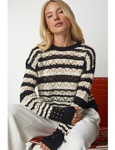 Happiness İstanbul Sreča İstanbul Ženska črna krema Openwork Kontrastni pulover za pletenine