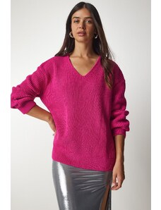 Happiness İstanbul Sreča İstanbul Ženski roza V-vrat prevelik osnovni pulover za pletenine