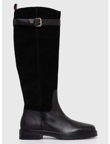 Usnjeni elegantni škornji Tommy Hilfiger CASUAL ESSENTIAL BELT LONGBOOT ženski, črna barva, FW0FW07480