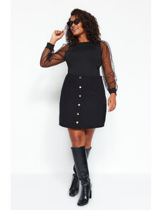 Trendyol Curve Black Plain Basic Tweed Woven Plus Size Skirt