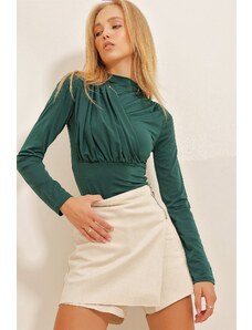 Trend Alaçatı Stili Women's Green Stand Up Collar Draped Sandy Bodysuit