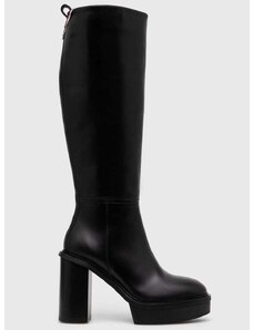 Usnjeni elegantni škornji Tommy Hilfiger ELEVATED PLATEAU LONGBOOT ženski, črna barva, FW0FW07545