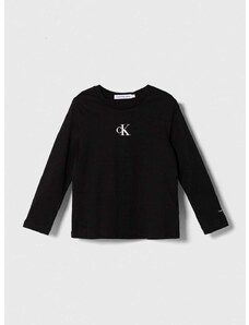 Otroška bombažna majica z dolgimi rokavi Calvin Klein Jeans črna barva
