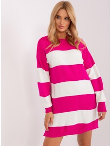 Fashionhunters Fuchsia and ecru loose, striped knitted sweater