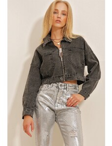Trend Alaçatı Stili ženski antracit dvojni žep z zadrgo Crop Denim jakna