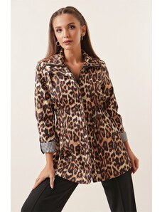 By Saygı Leopard vzorec rokav zložljiv trench plašč z žepi široke velikosti, rjava.