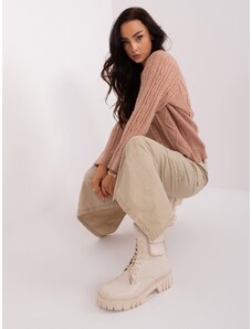 Fashionhunters Dark beige women's sweater with cable ties