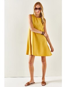 Olalook ženska rumena platnena mešanica brez rokavov A-line obleka