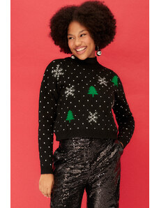 Trendyol Black Christmas tematski pulover za pletenine za posadko