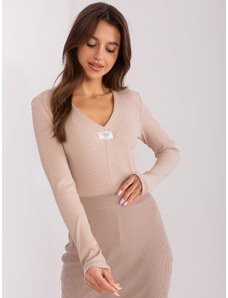 Fashionhunters Beige fitted long-sleeved blouse with striped pattern