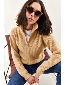 Bianco Lucci ženski pulover z zadrgo Turtleneck prevelik pulover za pletenine