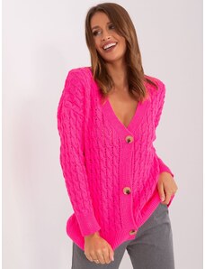 Fashionhunters Fluo pink women's cardigan with cables