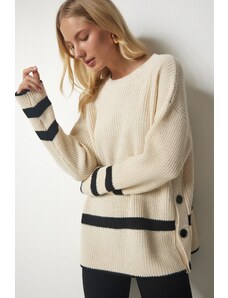Happiness İstanbul gumb za žensko kremo Podroben pulover za pletenine