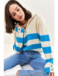 Bianco Lucci ženski želvji z zadrgo debel črtasti pletenina pulover z gumbi na rokavih.