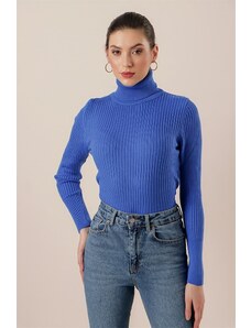 By Saygı Turtleneck Lycra Akrilni pletilni pulover široke velikosti Saks