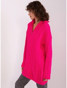 Fashionhunters Fluo pink women's sweater with cables