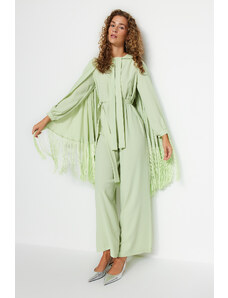 Trendyol svetlo zelena tasseled cape-jumpsuit večerna obleka