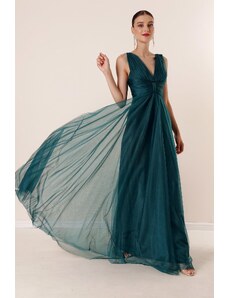 By Saygı V-vrat nizko-zbirateljska obleka spredaj dolg til obleka s platnenim smaragdom