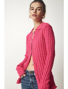 Happiness İstanbul Sreča İstanbul Ženski roza polo ovratnik pleteni pulover Cardigan